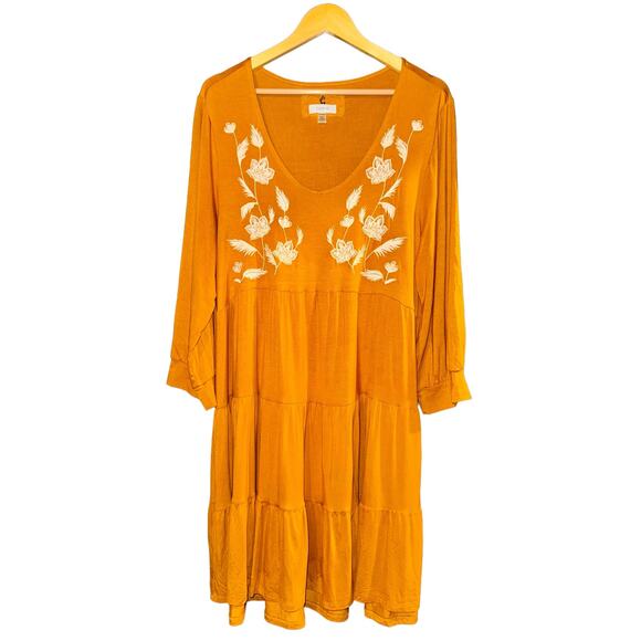 Cupio Dresses & Skirts - Cupio Boho Floral Flowy Baby Doll Dress Long Billow Sleeve Mustard XL